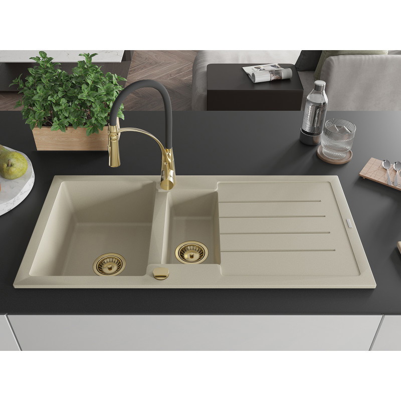 Mexen Andres évier en granit 1,5 bac avec égouttoir et robinet de cuisine Aster, beige - 6515-69-73450-57-G