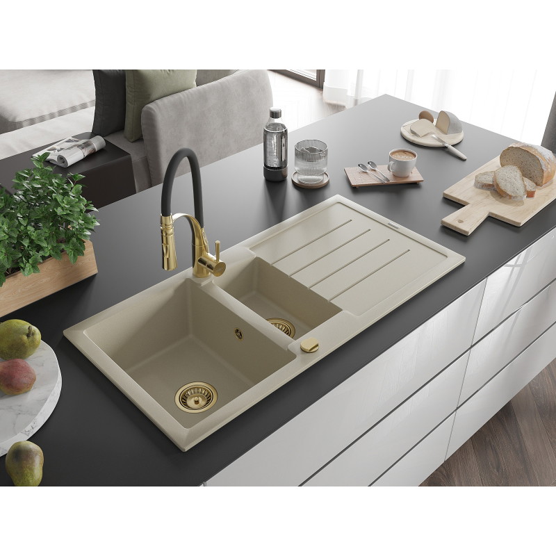 Mexen Andres évier en granit 1,5 bac avec égouttoir et mitigeur de cuisine Aster, beige - 6515-69-73450-57-G