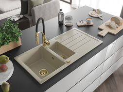 Mexen Andres évier en granit 1,5 bacs avec égouttoir et robinet de cuisine Aster, beige - 6515-69-73450-57-G