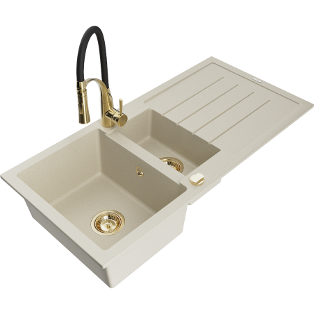 Mexen Andres évier en granit 1,5 bacs avec égouttoir et robinet de cuisine Aster, beige - 6515-69-73450-57-G