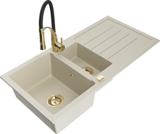 Mexen Andres évier en granit 1,5 bacs avec égouttoir et robinet de cuisine Aster, beige - 6515-69-73450-57-G