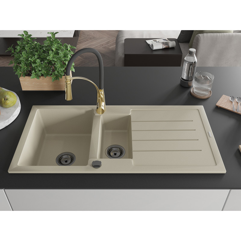 Mexen Andres évier en granit 1,5 bac avec égouttoir et robinet de cuisine Aster, beige - 6515-69-73450-57-B