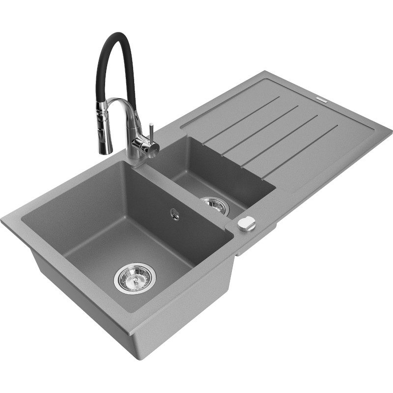 Mexen Andres évier en granit 1,5 bac avec égouttoir et robinet Aster, gris - 6515-71-73450-07