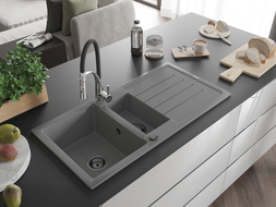 Mexen Andres Évier en granit 1,5 cuves avec égouttoir et robinet de cuisine Aster, gris - 6515-71-73450-07-B