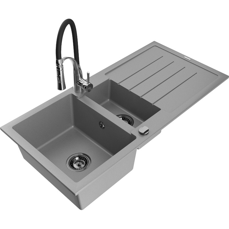 Mexen Andres Évier en granit 1,5 cuves avec égouttoir et robinet de cuisine Aster, gris - 6515-71-73450-07-B