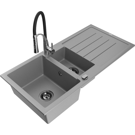 Mexen Andres Évier en granit 1,5 cuves avec égouttoir et robinet de cuisine Aster, gris - 6515-71-73450-07-B
