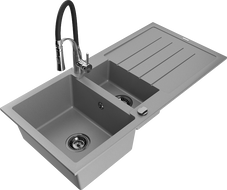 Mexen Andres Évier en granit 1,5 cuves avec égouttoir et robinet de cuisine Aster, gris - 6515-71-73450-07-B