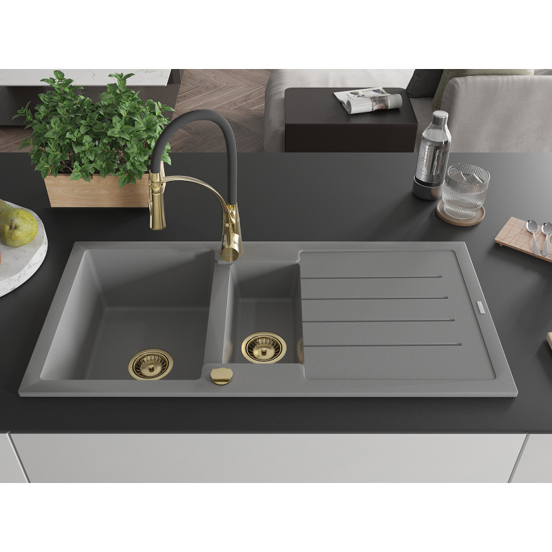 Mexen Andres évier en granit 1,5 cuves avec égouttoir et robinet de cuisine Aster, gris - 6515-71-73450-57-G