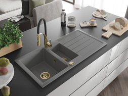 Mexen Andres évier en granit 1,5-cuves avec égouttoir et robinet de cuisine Aster, gris - 6515-71-73450-57-G