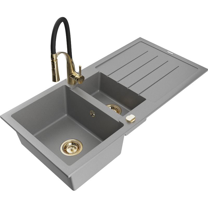 Mexen Andres évier en granit 1,5-cuves avec égouttoir et robinet de cuisine Aster, gris - 6515-71-73450-57-G