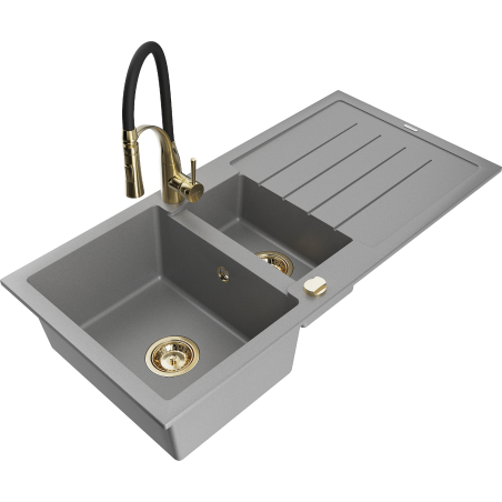 Mexen Andres évier en granit 1,5-cuves avec égouttoir et robinet de cuisine Aster, gris - 6515-71-73450-57-G