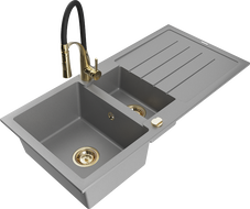 Mexen Andres évier en granit 1,5-cuves avec égouttoir et robinet de cuisine Aster, gris - 6515-71-73450-57-G