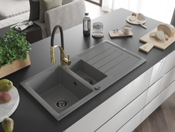 Mexen Andres évier en granit 1,5 cuves avec égouttoir et robinet de cuisine Aster, gris - 6515-71-73450-57-B