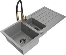 Mexen Andres évier en granit 1,5 cuves avec égouttoir et robinet de cuisine Aster, gris - 6515-71-73450-57-B