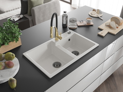 Mexen Tomas évier granit 2 bacs avec robinet de cuisine Aster, blanc - 6516-20-73450-57-B