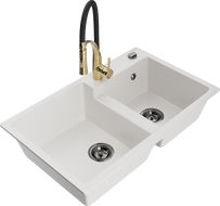 Mexen Tomas évier de cuisine en granit à 2 bacs avec robinet de cuisine Aster, blanc - 6516-20-73450-57-B