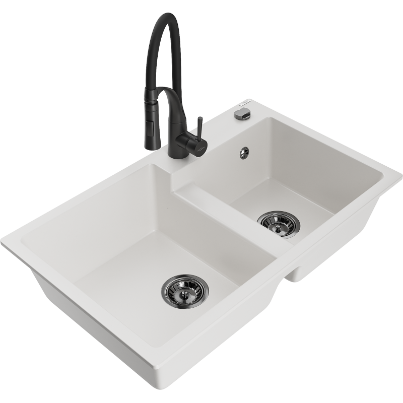 Mexen Tomas évier granit 2 cuves avec robinet de cuisine Aster, blanc - 6516-20-73450-70-B