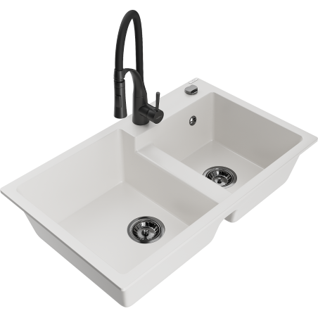Mexen Tomas évier granit 2 cuves avec robinet de cuisine Aster, blanc - 6516-20-73450-70-B