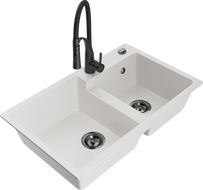 Mexen Tomas évier granit 2 cuves avec robinet de cuisine Aster, blanc - 6516-20-73450-70-B