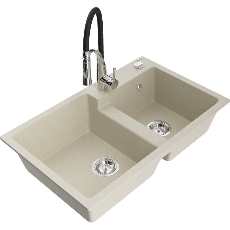 Mexen Tomas évier en granit 2 bacs avec robinet de cuisine Aster, beige - 6516-69-73450-07