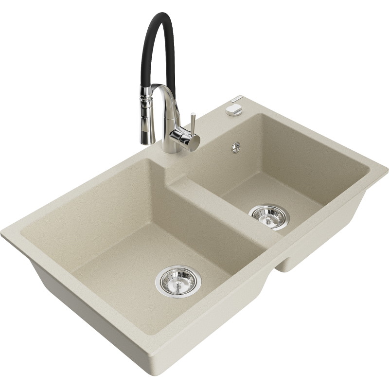 Mexen Tomas évier en granit à 2 bacs avec robinet de cuisine Aster, beige - 6516-69-73450-07