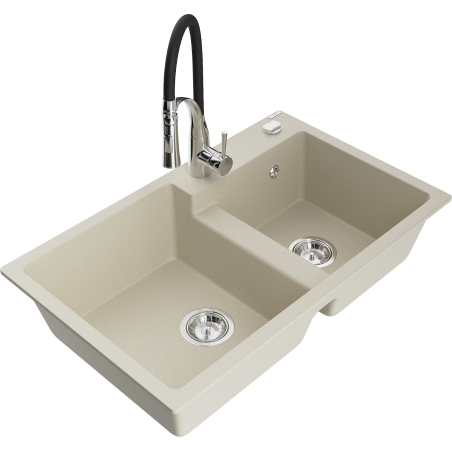Mexen Tomas évier en granit à 2 bacs avec robinet de cuisine Aster, beige - 6516-69-73450-07