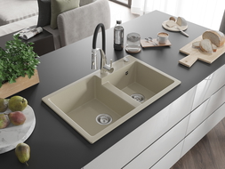 Mexen Tomas évier en granit 2 bacs avec robinet de cuisine Aster, beige - 6516-69-73450-07