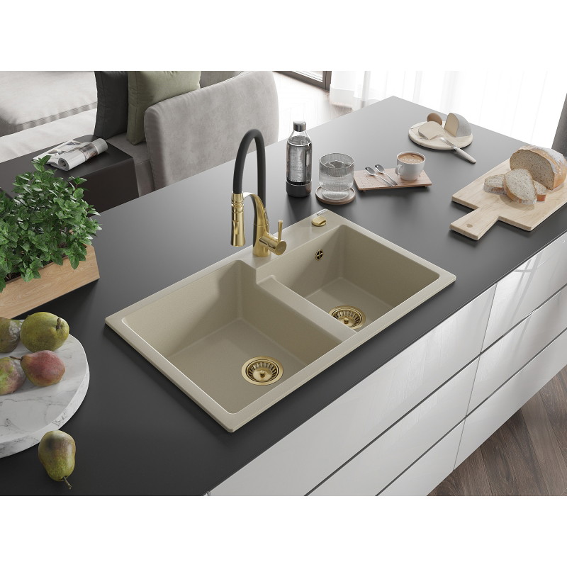 Mexen Tomas évier en granit à 2 bacs avec robinet de cuisine Aster, beige - 6516-69-73450-57-G