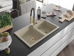 Mexen Tomas évier en granit à 2 bacs avec mitigeur de cuisine Aster, beige - 6516-69-73450-57-G