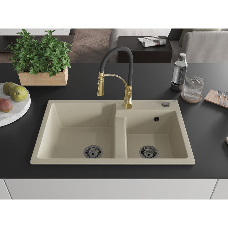 Mexen Tomas évier en granit 2 bacs avec robinet de cuisine Aster, beige - 6516-69-73450-57-B