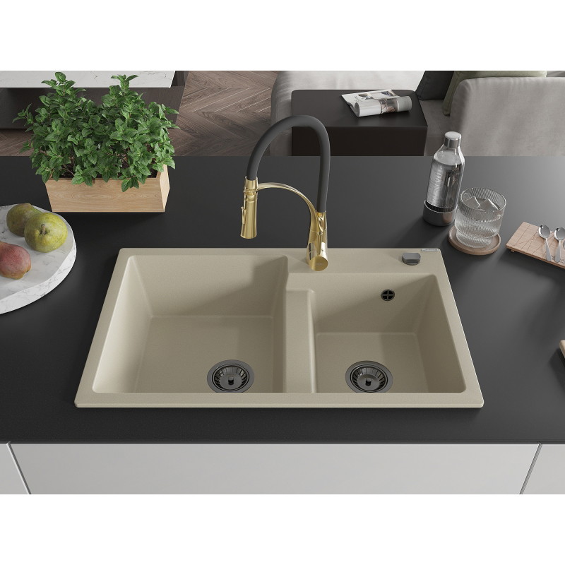 Mexen Tomas évier en granit 2 cuves avec robinet de cuisine Aster, beige - 6516-69-73450-57-B