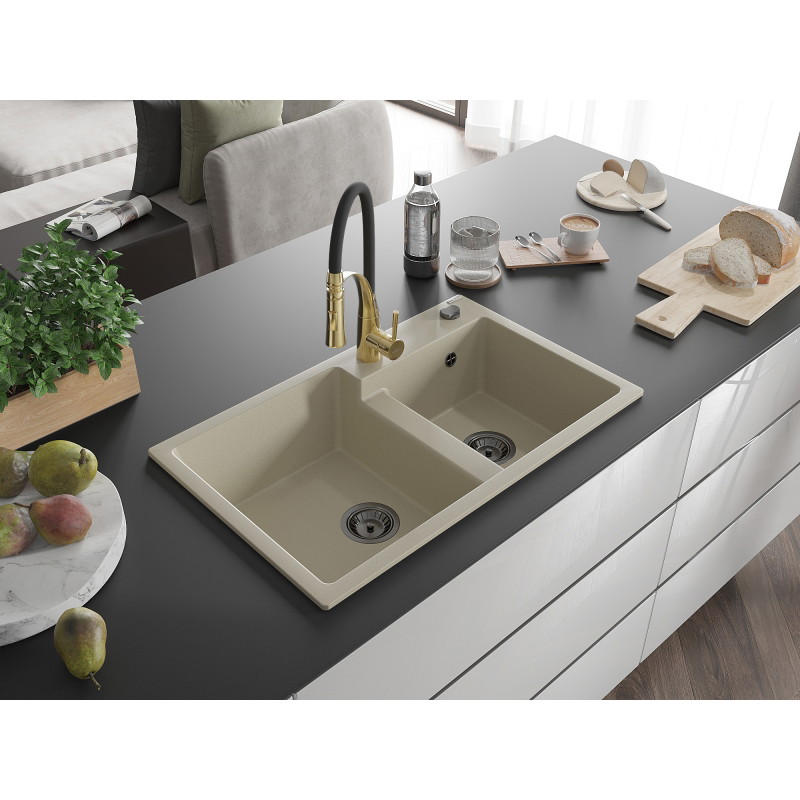 Mexen Tomas évier en granit à 2 cuves avec robinet de cuisine Aster, beige - 6516-69-73450-57-B