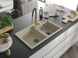 Mexen Tomas évier en granit à 2 cuves avec robinet de cuisine Aster, beige - 6516-69-73450-57-B