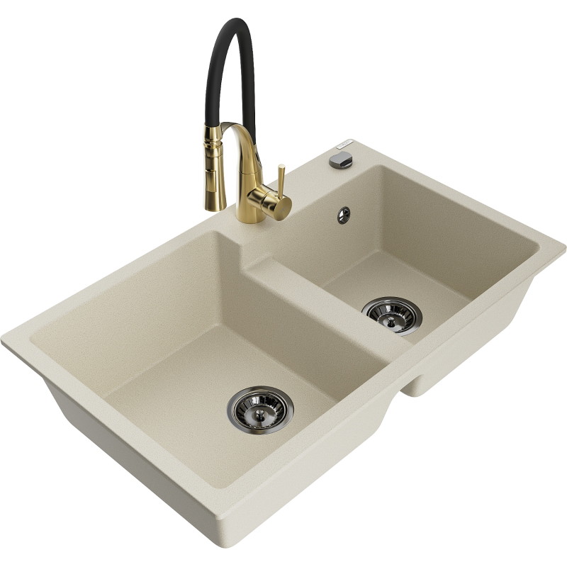 Mexen Tomas évier en granit 2 cuves avec robinet de cuisine Aster, beige - 6516-69-73450-57-B