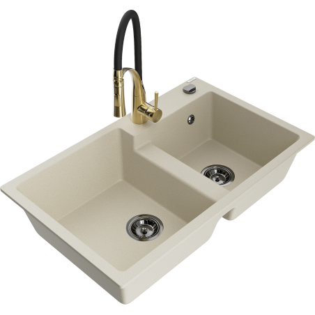 Mexen Tomas évier en granit 2 cuves avec robinet de cuisine Aster, beige - 6516-69-73450-57-B