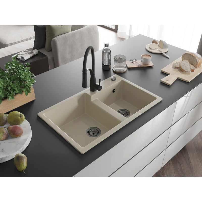Mexen Tomas Évier en granit 2 bacs avec robinet de cuisine Aster, beige - 6516-69-73450-70-B