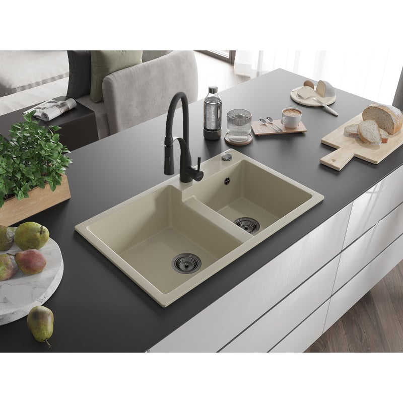 Mexen Tomas évier en granit 2 compartiments avec robinet de cuisine Aster, beige - 6516-69-73450-70-B