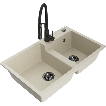 Mexen Tomas Évier en granit 2 bacs avec robinet de cuisine Aster, beige - 6516-69-73450-70-B
