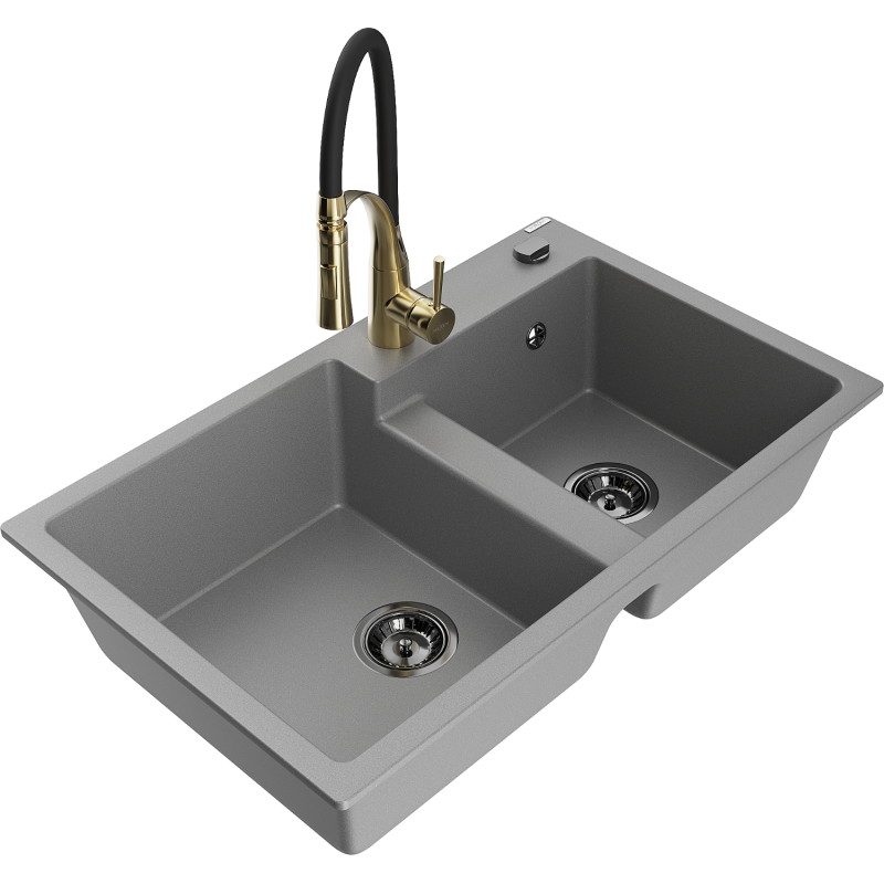 Mexen Tomas évier en granit à 2 bacs avec mitigeur cuisine Aster, gris - 6516-71-73450-57-B