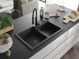Mexen Tomas évier en granit à 2 bacs avec mitigeur de cuisine Aster, noir/métallique argenté - 6516-73-73450-70-B