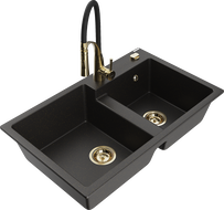 Mexen Tomas évier de cuisine en granit à 2 cuves avec robinet Aster, noir/doré métallisé - 6516-75-73450-57-G