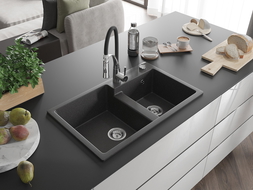 Mexen Tomas évier granitique 2 cuves avec robinet de cuisine Aster, noir moucheté - 6516-76-73450-07