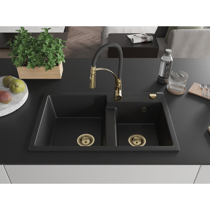 Mexen Tomas évier en granit 2 cuves avec robinet de cuisine Aster, noir - 6516-77-73450-57-G