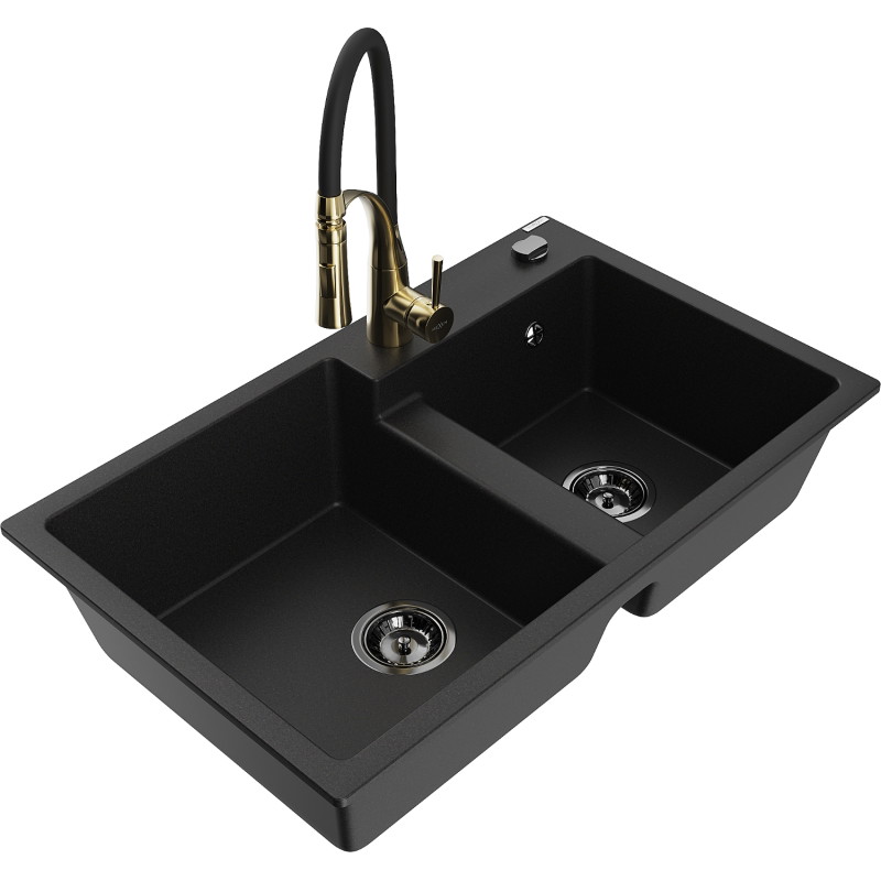 Mexen Tomas évier granit 2 bacs avec robinet de cuisine Aster, noir - 6516-77-73450-57-B