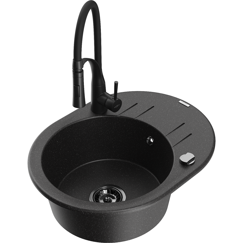 Mexen Kevin évier en granit 1 bac avec égouttoir et robinet de cuisine Aster, noir/argent métallisé - 6517-73-73450-70-B