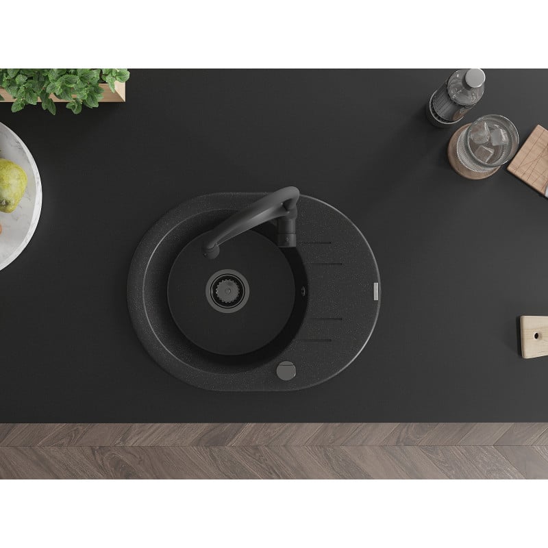 Mexen Kevin évier en granit 1 bac avec égouttoir et robinet de cuisine Aster, noir/argent métallisé - 6517-73-73450-70-B