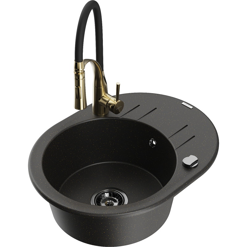 Mexen Kevin évier en granit à 1 bac avec égouttoir et robinet de cuisine Aster, noir/or métallique - 6517-75-73450-57-B
