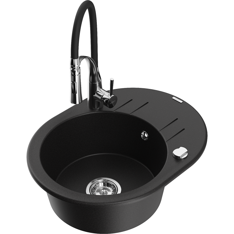 Mexen Kevin évier en granit à 1 bac avec égouttoir et robinet de cuisine Aster, noir - 6517-77-73450-07
