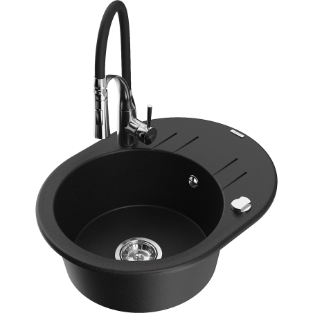 Mexen Kevin évier en granit à 1 bac avec égouttoir et robinet de cuisine Aster, noir - 6517-77-73450-07