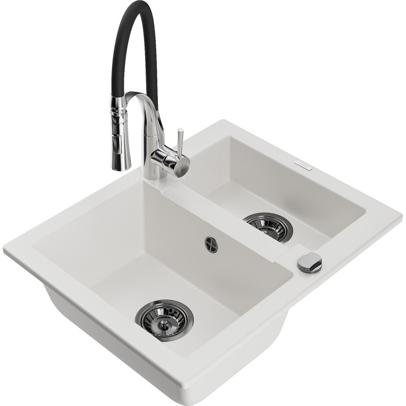 Mexen Carlos évier en granit 1,5 cuve avec robinet de cuisine Aster, blanc - 6518-20-73450-07-B